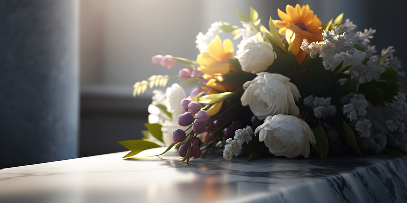 Bouquet of flowers on cemetery , funeral concept. Generative AI